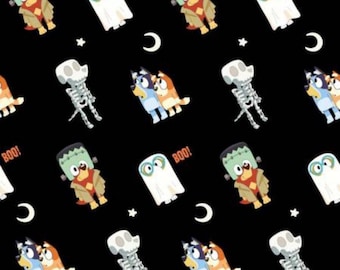 Bluey Halloween Fabric, Bluey and Friends Skeleton Boo on Black Licensed by Ludo Studios for Springs Creative Novelty Cotton Fabric