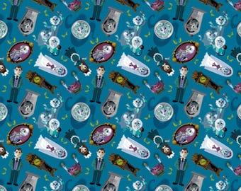 Haunted Mansion Fabric, Large Print Haunted Mansion Wedding Fabric on Blue Disney Licensed Cotton Fabric