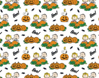 Snoopy Halloween Fabric, Peanuts Boo on White Licensed Peanuts Novelty Cotton Fabric by Springs Creative, Halloween Peanuts Fabric