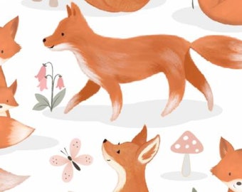 Woodland Animal Flannel Fabric, Fox Trot on White by Jo Taylor for 3 Wishes Quilting Nursery Flannel Fabric, Fox Flannel, Girl Nursery