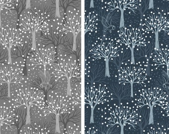 Winter Trees Fabric, Pearlized Owl Orchard on Gray or Dark Blue by Lewis and Irene Quilting Cotton Fabric, Winter Owl Fabric