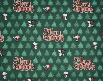 Peanuts Merry Christmas Snoopy Licensed Novelty Cotton Fabric, Peanuts Christmas Fabric, Green Snoopy Merry Christmas Fabric, Santa Snoopy