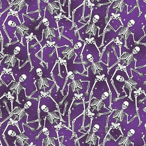 Glow Halloween Skeleton Fabric, Skeleton Crew on Purple Glow in the Dark Halloween Spirit by Benartex Quilting Cotton Fabric, 12542G-66B afbeelding 1