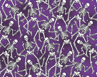Glow Halloween Skeleton Fabric, Skeleton Crew on Purple Glow in the Dark Halloween Spirit by Benartex Quilting Cotton Fabric, 12542G-66B