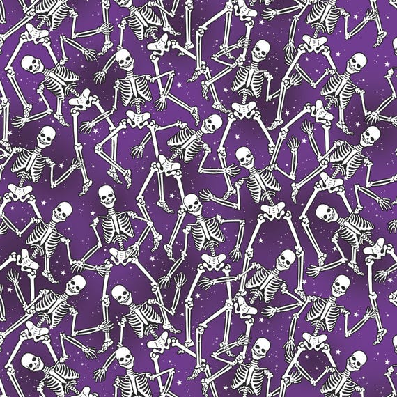 Glow Halloween Skeleton Fabric, Skeleton Crew on Purple Glow in the Dark Halloween Spirit by Benartex Quilting Cotton Fabric, 12542G-66B
