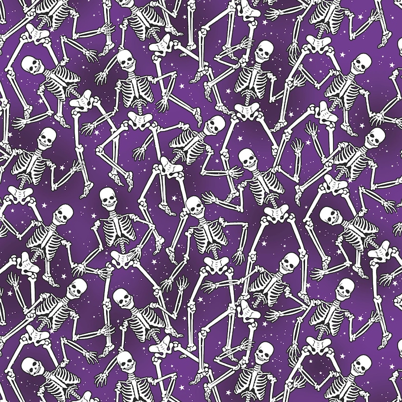 Glow Halloween Skeleton Fabric, Skeleton Crew on Purple Glow in the Dark Halloween Spirit by Benartex Quilting Cotton Fabric, 12542G-66B afbeelding 1