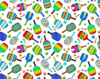 Pickleball Fabric, Pickleball Paddles on White by Timeless Treasures Digitally Printed Quilting Cotton Fabric, Pickleball Dink Fabric