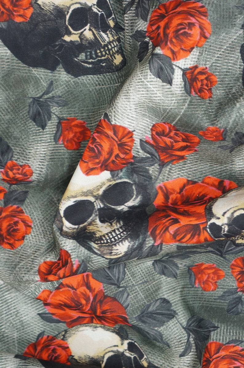 Skulls And Roses Fabric, Tossed Skulls and Red Roses Novelty Cotton Fabric image 3