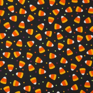 Candy Corn Fabric, Candy Corn Dots on Black Halloween Novelty Cotton Fabric