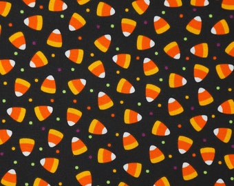 Candy Corn Fabric, Candy Corn Dots on Black Halloween Novelty Cotton Fabric