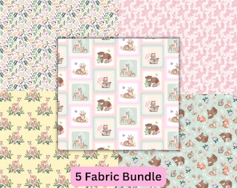 Woodland Animal Fabric, Pink 5 Piece Fat Quarter or Half Yard Bundle, Woodland Wander by Jo Taylor for 3 Wishes Quilting Cotton Fabric