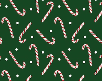 Candy Cane Fabric, Jolly Candy Canes on Green Country Christmas by Benartex Kanvas Studio Quilting Cotton Fabric, 14012-44B