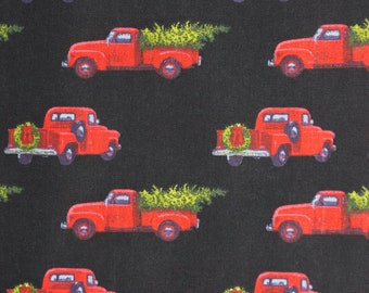 Red Truck with Christmas Tree on Black Novelty Cotton Fabric