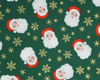 Santa Fabric, Santa on Green with Gold Metallic Snowflakes by Lewis and Irene Quilting Cotton Fabric, Santa Claus Fabric C118.3