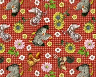 Chicken Fabric, Chicken and Floral on Red Orange Gingham Novelty Cotton Fabric, Floral Chicken Fabric, Farmhouse Fabric