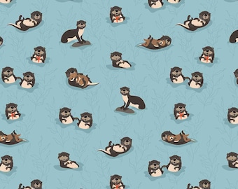 Otter Fabric, Sea Otters on Aqua Alaska by Riley Blake Designs and The Anderson Group Quilting Cotton Fabric C16170-AQUA