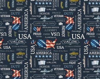 Patriotic Words Fabric, Letters from Home Text on Navy by Riley Blake Quilting Cotton Fabric, Quilt of Valor Fabric, C15611-NAVY