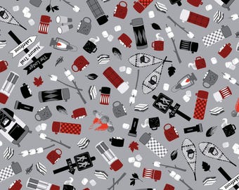 Camping Fabric, Camping Memories on Gray Great Outdoors by Benartex Kanvas Studio Quilting Cotton Fabric, Camping Gear Fabric, 12941-08B