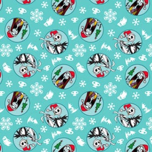 May include: A light blue fabric featuring a repeating pattern of circular frames containing Jack Skellington and Sally from The Nightmare Before Christmas. The design includes white snowflakes, small ghost figures, and green Christmas trees.