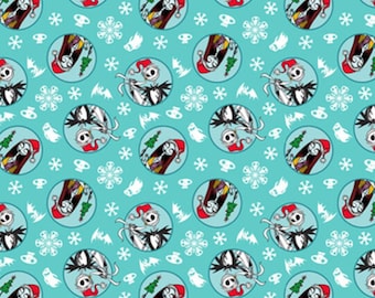 Nightmare Before Christmas Fabric, Snowflake Badge on Blue Disney Licensed by Springs Creative Novelty Cotton Fabric, Jack, Sally and Zero