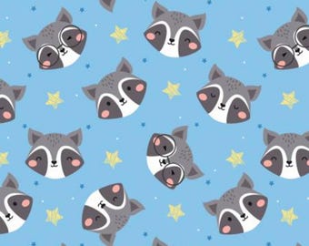 Raccoon Flannel Fabric, Raccoon Faces Tossed on Blue by David Textiles Novelty Flannel Fabric, DX-4835-4F-1