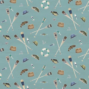 Fishing Fabric, Fishing Icons on Teal Wake by the Lake Quilting Cotton by Riley Blake Quilting Cotton Fabric, C14892-TEAL