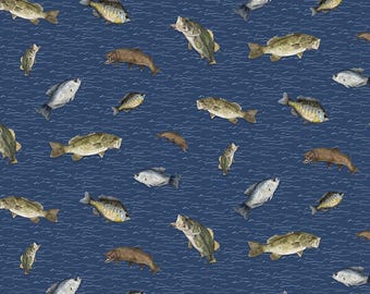 Fish Fabric, Fish Toss on Navy Blue Wake by the Lake Quilting Cotton by Riley Blake Quilting Cotton Fabric, Lake Life Fabric, C14891-NAVY