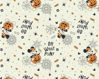 Disney Halloween Mickey Pumpkin Cream, Oh What Fun Pumpkin Mickey Licensed Quilting Cotton Fabric, Not So Spooky Halloween, Premium Cotton