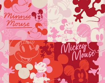 Mickey and Minnie Fabric, Mickey & Minnie Vintage Style Squares Pink Licensed by Springs Creative Novelty Cotton Fabric 80470-A62028
