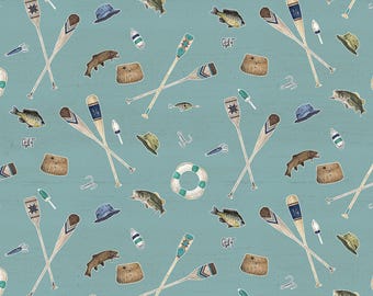 Fishing Fabric, Fishing Icons on Teal Wake by the Lake Quilting Cotton by Riley Blake Quilting Cotton Fabric, C14892-TEAL
