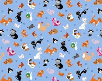 Disney Cats Fabric on Blue, Cats Packed Disney Licensed Novelty Cotton Fabric, Oliver, Figaro, Aristocats, Mochi, Marcel, Dinah, Yzma