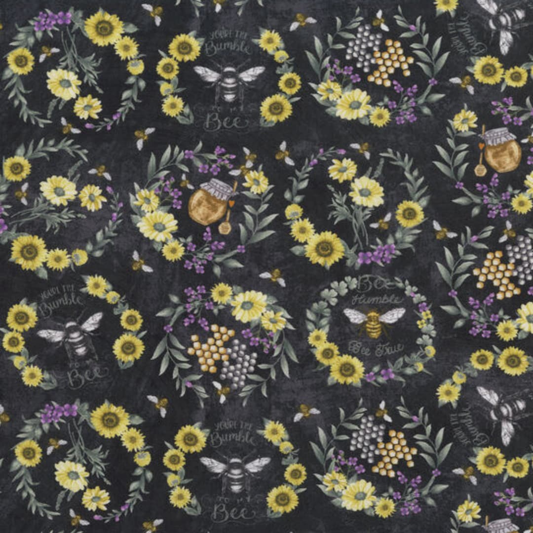 Honey Bee Fabric, Bees and Floral Wreaths on Chalkboard Black by Hi ...