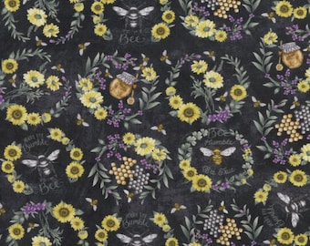 Honey Bee Fabric, Bees and Floral Wreaths on Chalkboard Black by Hi Fashion Fabrics Quilting Cotton Fabric, Floral Bee Fabric