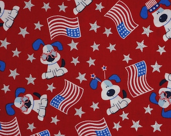 Patriotic Dog I Woof You Red Glitter Stars Cotton Fabric