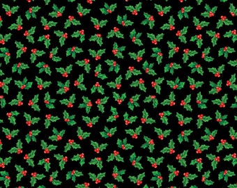 Holly Fabric, Holly on Black Sugar and Spice by Nicole DeCamp by Benartex Kanvas Studio Quilting Cotton Fabric 14576-12B