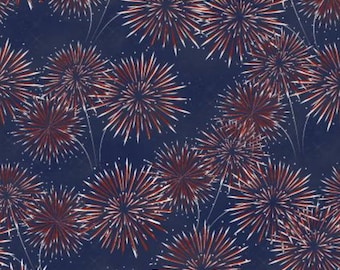 Patriotic Firework Fabric, Sparkling Sky on Navy by Beth Albert for 3 Wishes Quilting Cotton Fabric, Red Fireworks on Night Sky Fabric