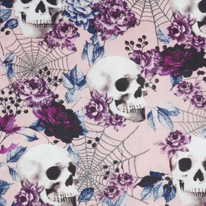 Skulls Fabric, Skulls and Fall Floral on Pink Halloween Novelty Cotton Fabric, Pink Skull Fabric