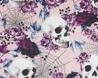 Skulls Fabric, Skulls and Fall Floral on Pink Halloween Novelty Cotton Fabric, Pink Skull Fabric