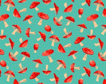 Mushroom Fabric, Small Toadstool on Aqua Forage by Martha Negley for Free Spirit Quilting Cotton Fabric PWMN069.AQUA