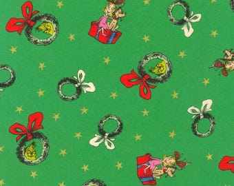 Grinch Fabric, Grinch Wreaths Metallic Stars on Green How the Grinch Stole Christmas Licensed Robert Kaufman Novelty Cotton Fabric