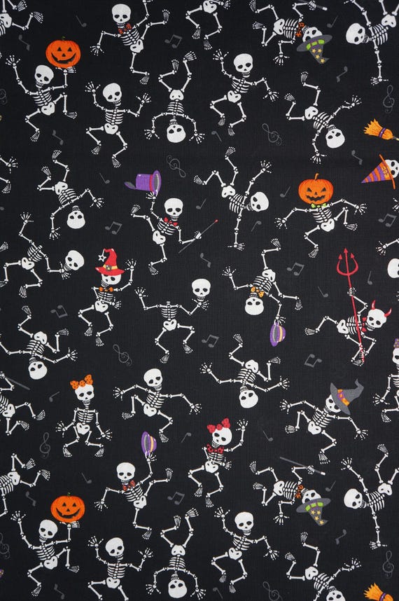 Dancing Halloween Skeletons Novelty Cotton Fabric by Fabric Traditions, Skeletons in Halloween Costumes