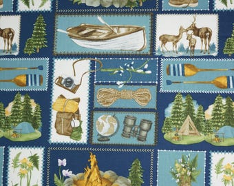 Camping Fabric, Going Camping Patchwork on Blue by David Textiles Novelty Cotton Fabric, Camping Gear Fabric