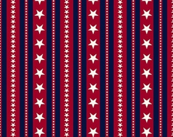Patriotic Stars and Stripes Fabric, Blue Stripes and White Stars and Dots on Red by Henry Glass Quilting Cotton Fabric