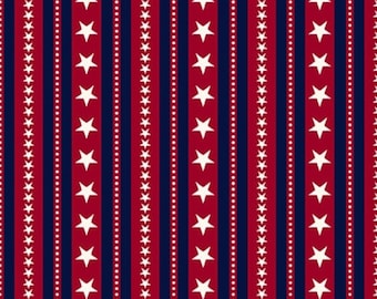 Patriotic Stars and Stripes Fabric, Blue Stripes and White Stars and Dots on Red by Henry Glass Quilting Cotton Fabric