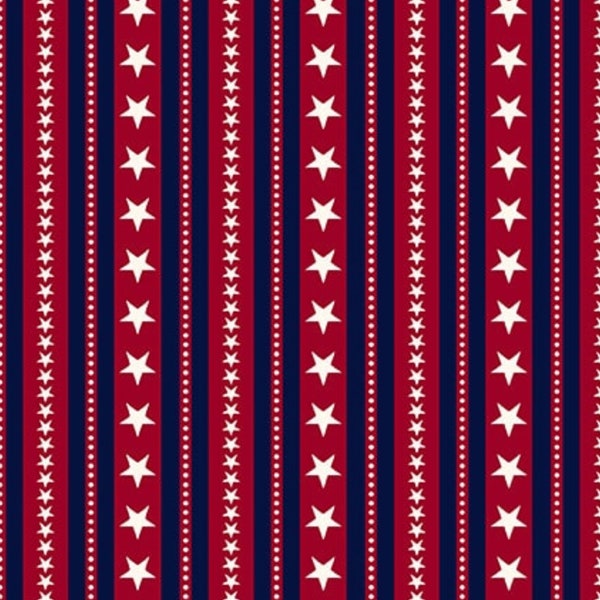 Patriotic Stars and Stripes Fabric, Blue Stripes and White Stars and Dots on Red by Henry Glass Quilting Cotton Fabric