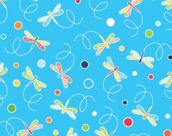 Dragonfly Fabric, Dragonfly and Dots Glow on Medium Turquoise by Kanvas Studio for Benartex Quilting Cotton Fabric, Rainforest Glow Blender