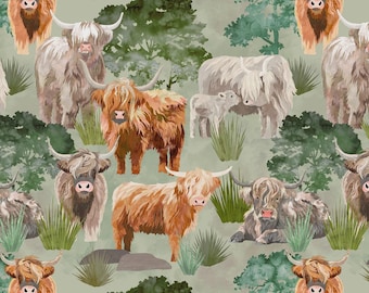 Highland Cow Fabric, Highland Cows and Trees on Sage by Studio E Quilting Cotton Fabric, Highland Cows and Babies 8616S-61