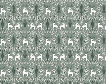 Reindeer Fabric, Reindeer on Moss Green by Dear Stella Digitally Printed Quilting Cotton Fabric, STELLA-DCJ2488 MOSS