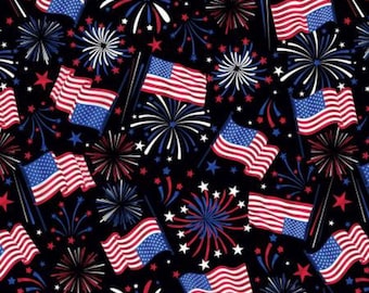 Patriotic Fireworks Fabric, Patriotic Flag Celebration on Black by Benartex Quilting Cotton Fabric, Patriotic Flag Fabric 14150B-12