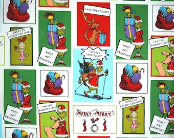 Grinch Fabric, Grinch Tales on White by Robert Kaufman Licensed Novelty Cotton Fabric How the Grinch Stole Christmas